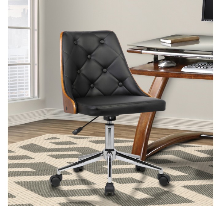 Armen Living Diamond Mid-Century Office Chair In Chrome finish With Tufted Black Faux Leather And Walnut Veneer Back
