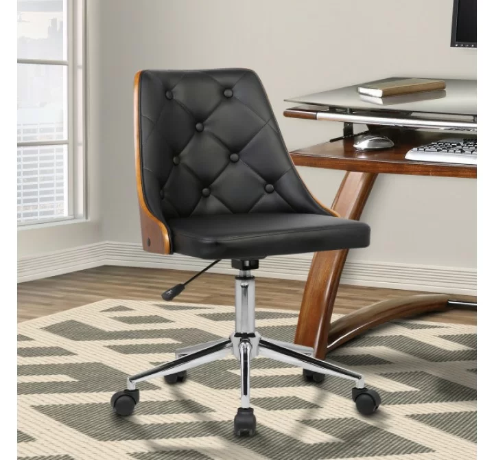 Armen Living Diamond Mid-Century Office Chair In Chrome finish With Tufted Black Faux Leather And Walnut Veneer Back