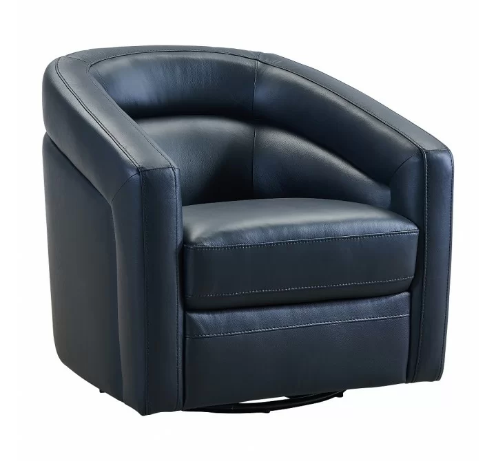 Desi Contemporary Swivel Accent Chair in Black Genuine Leather - Angled