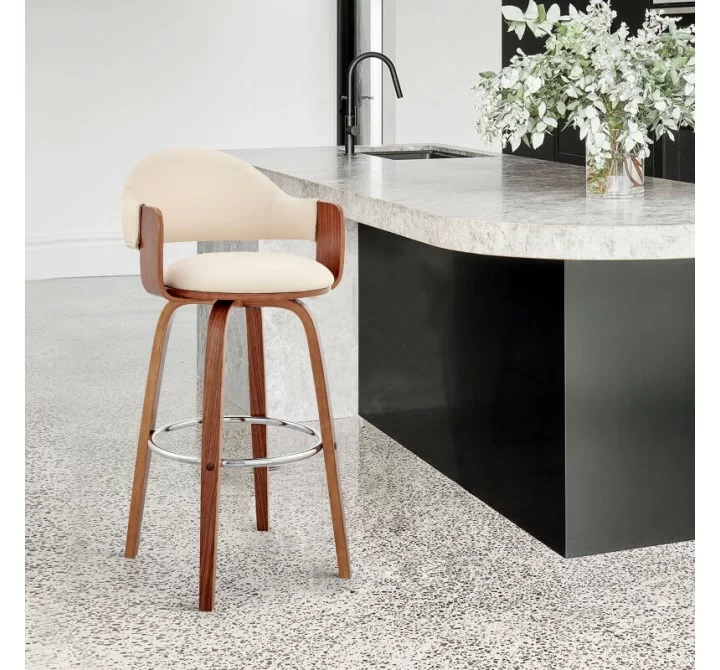 Armen Living Daxton 26" Cream Faux Leather and Walnut Wood Bar Stool