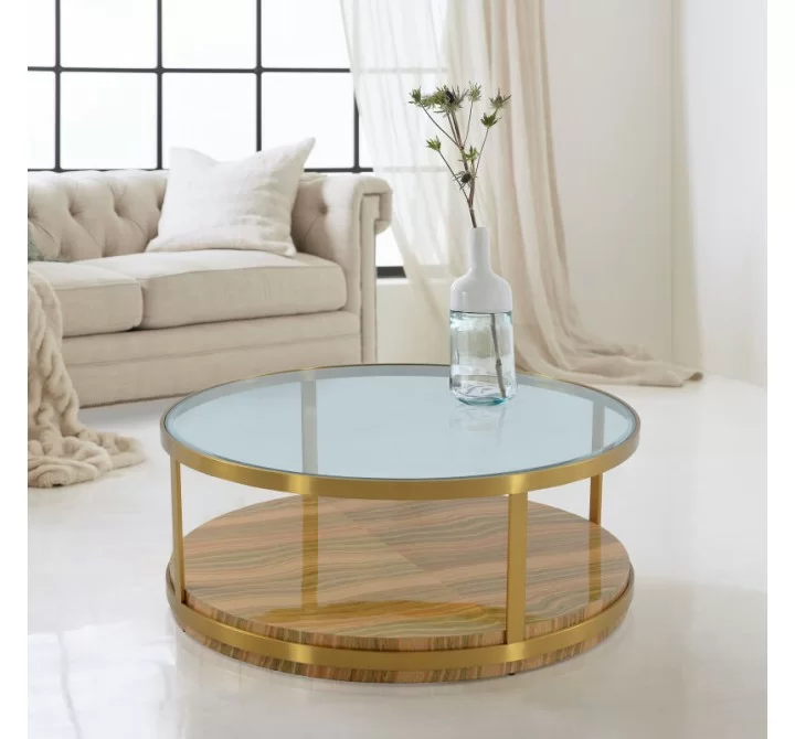 Armen Living Hattie Glass Top Golden Coffee Table with Brushed Gold Legs