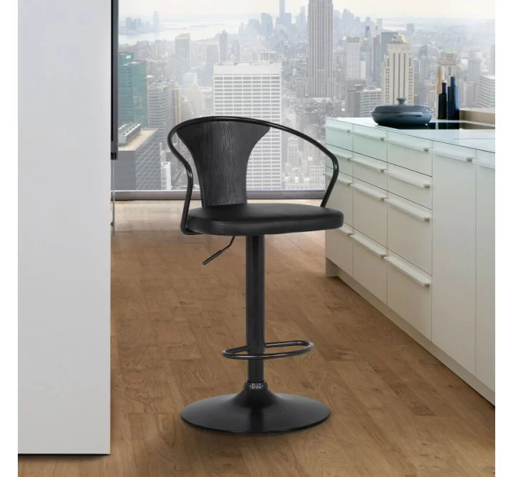 Armen Living Eagle Adjustable Height Swivel BlackFaux Leather and Wood Bar Stool with Black Metal Base