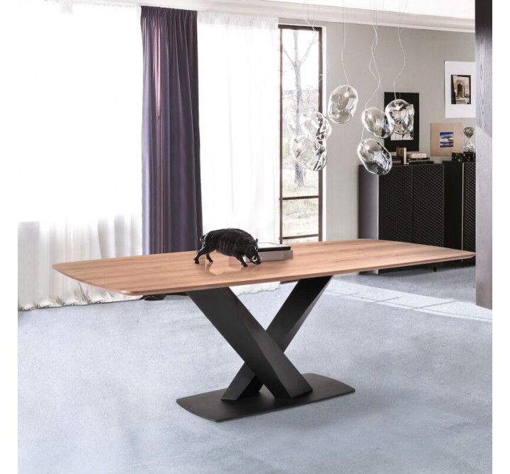 Armen Living Everett Contemporary Dining Table In Matte Black Finish And Walnut Top