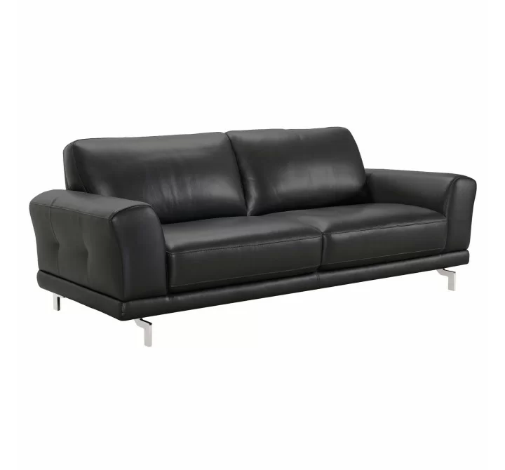 Armen Living Everly Contemporary Sofa in Genuine Black Leather with Brushed Stainless Steel Legs - Angled