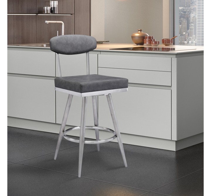Evan Contemporary 26" Counter Height Barstool in Brushed Stainless Steel Finish and Vintage Grey Faux Leather