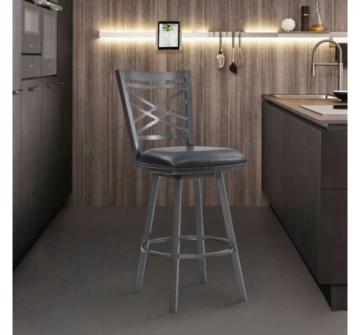 Armen Living Fargo Counter Height Metal Barstool in Mineral Finish with Black Faux Leather