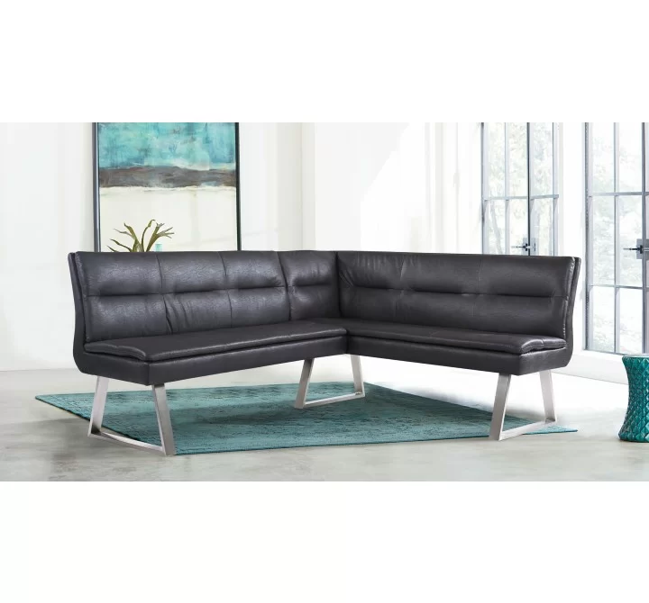 Armen Living Fenton Contemporary Corner Nook in Brushed Stainless Steel Finish with Grey Faux Leather - Lifestyle 1