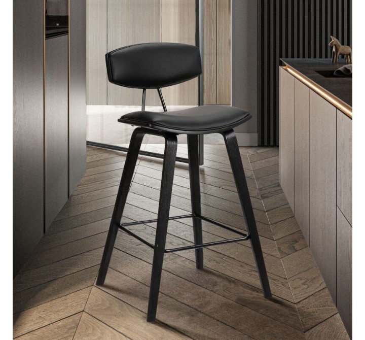 Armen Living Fox 25.5" Counter Height Black Faux Leather and Black Wood Mid-Century Modern Bar Stool