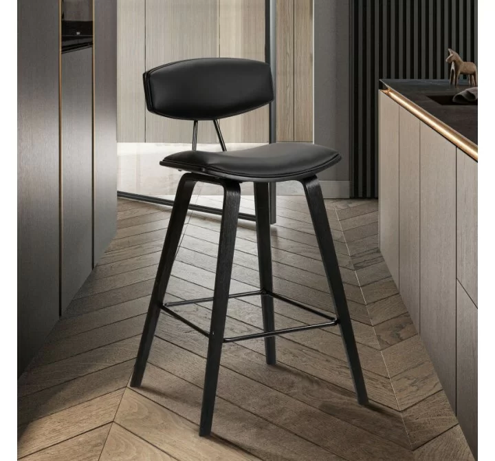 Armen Living Fox 25.5" Counter Height Black Faux Leather and Black Wood Mid-Century Modern Bar Stool