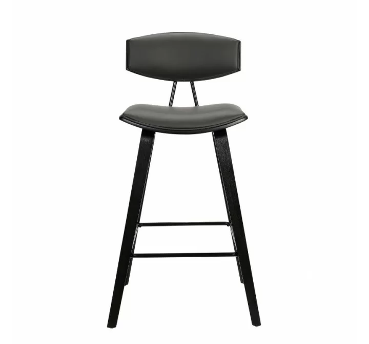 Armen Living Fox 28.5" Bar Height Gray Faux Leather and Black Wood Mid-Century Modern Bar Stool  Front