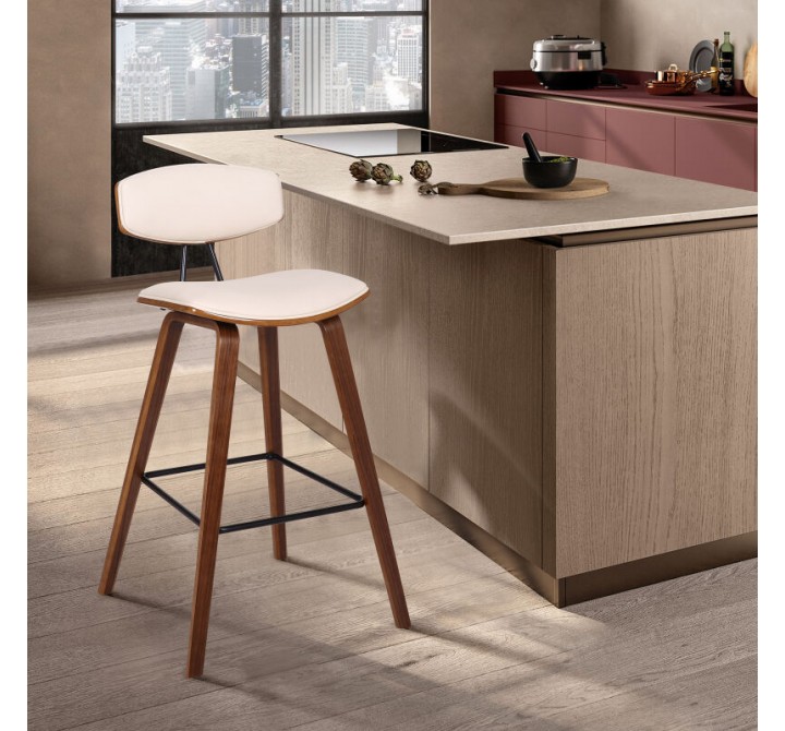 Armen Living Fox 25.5" Counter Height Cream Faux Leather and Walnut Wood Mid-Century Modern Bar Stool