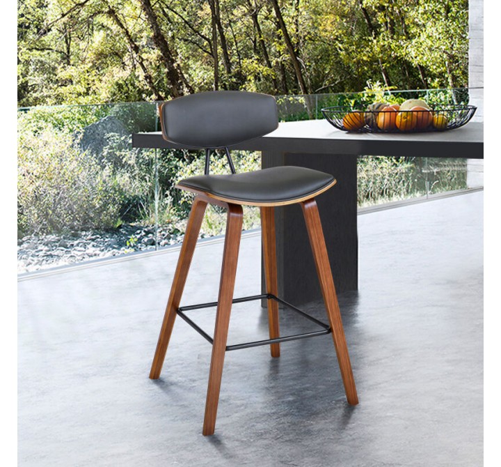 Armen Living Fox 28.5" Bar Height Gray Faux Leather and Walnut Wood Mid-Century Modern Bar Stool