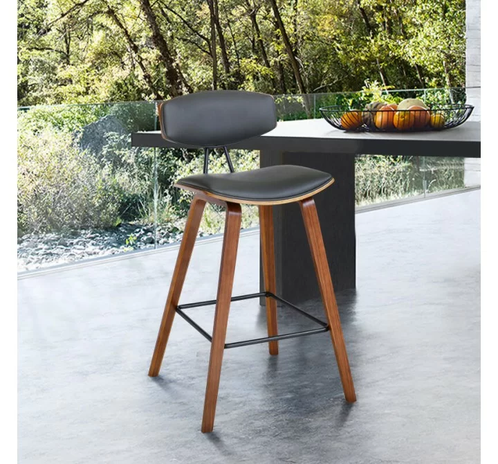 Armen Living Fox 28.5" Bar Height Gray Faux Leather and Walnut Wood Mid-Century Modern Bar Stool