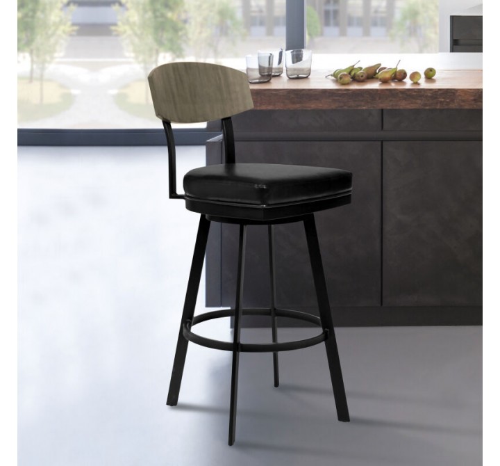 Armen Living Frisco 30" Bar Height Barstool in Matte Black Finish with Black Faux Leather and Gray Walnut