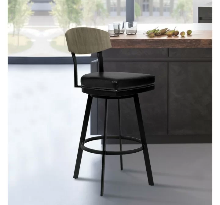 Armen Living Frisco 30" Bar Height Barstool in Matte Black Finish with Black Faux Leather and Gray Walnut
