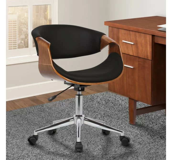 Geneva Mid-Century Office Chair in Chrome finish with Black Faux Leather and Walnut Veneer Arms