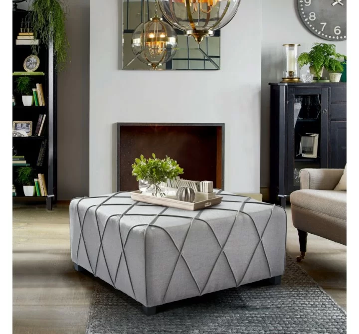 Armen Living Gemini Contemporary Ottoman in Silver Linen with Piping Accents and Wood Legs Lifestyle