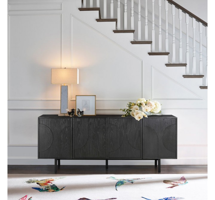 Armen Living Holland 4 Door Sideboard Buffet in Black Brushed Oak Wood