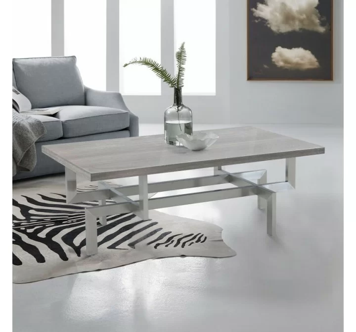 Armen Living Illusion Gray Wood Coffee Table with Brushed Stainless Steel Base