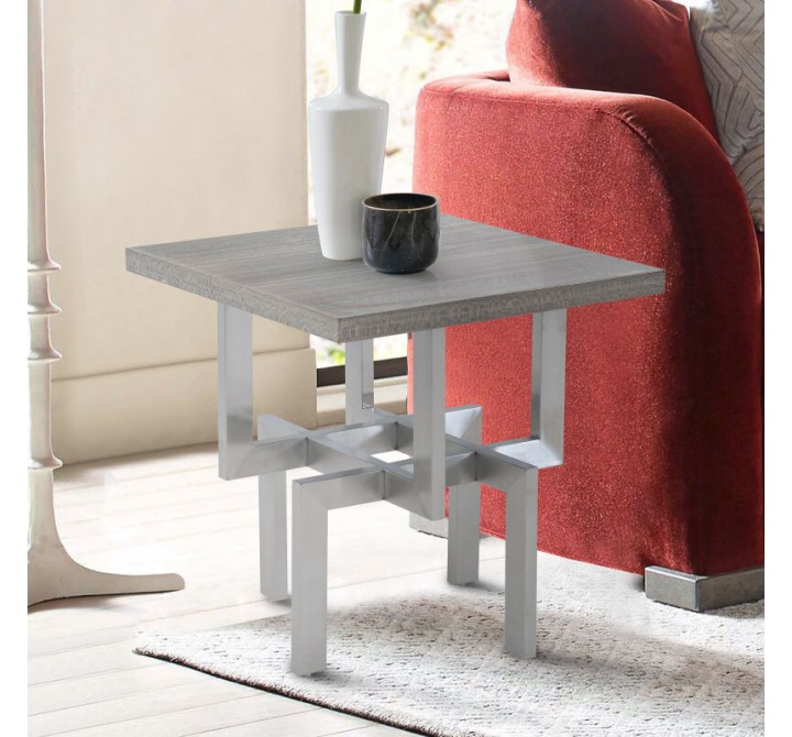 Armen Living Illusion Gray Wood End Table with Brushed Stainless Steel Base