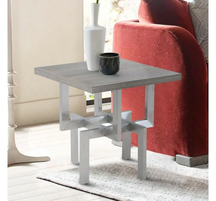 Armen Living Illusion Gray Wood End Table with Brushed Stainless Steel Base