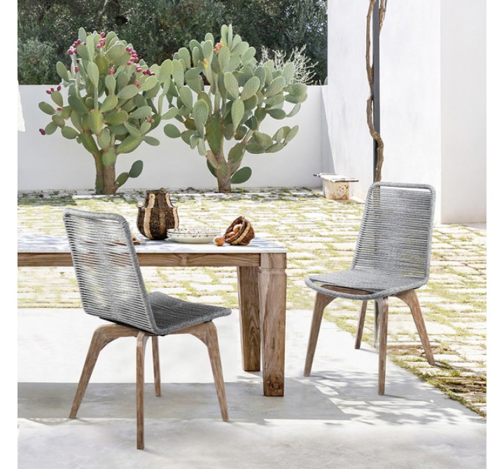 Armen Living Island Outdoor Light Eucalyptus Wood And Grey Rope Dining Chairs