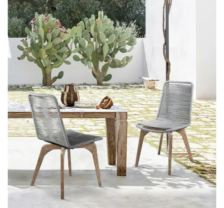 Armen Living Island Outdoor Light Eucalyptus Wood And Grey Rope Dining Chairs
