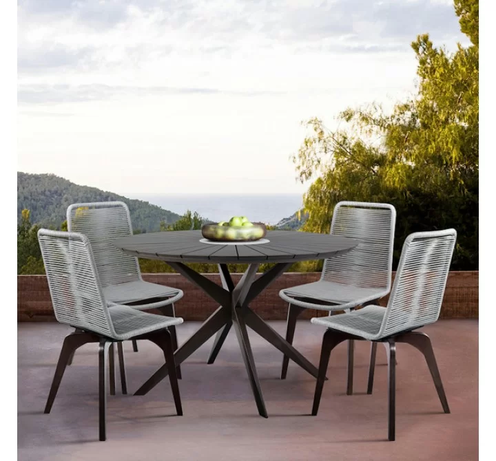 Armen Living Island Outdoor Dark Eucalyptus Wood And Silver Rope Dining Chairs