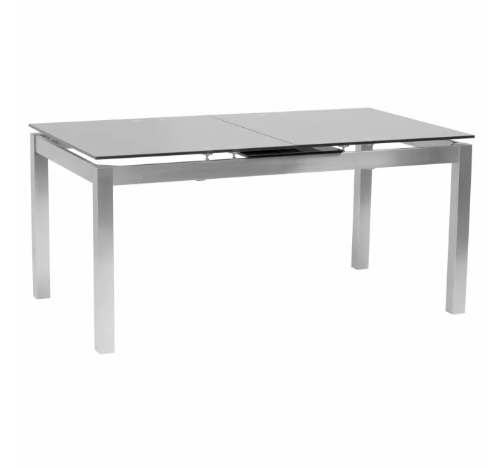 Armen Living Ivan Extension Dining Table in Brushed Stainless Steel and Gray Tempered Glass Top - Angled