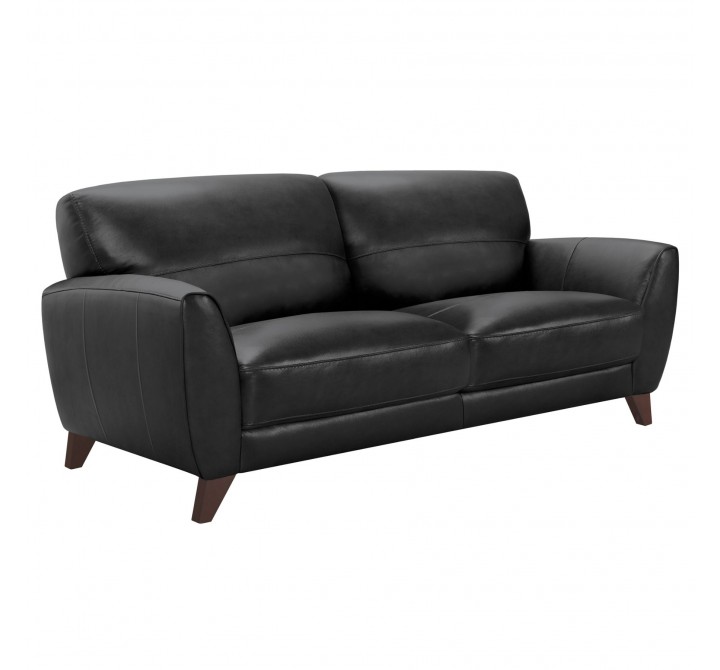 Jedd Contemporary Sofa in Genuine Black Leather with Brown Wood Legs - Angled