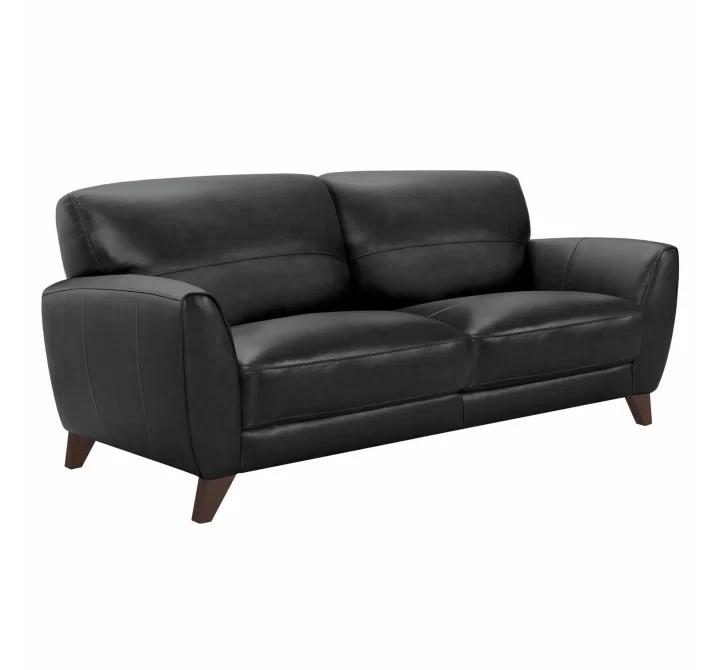 Jedd Contemporary Sofa in Genuine Black Leather with Brown Wood Legs - Angled