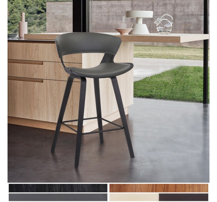 Armen Living Jagger Modern 26" Black Wood and Grey Faux Leather Counter Height Barstool