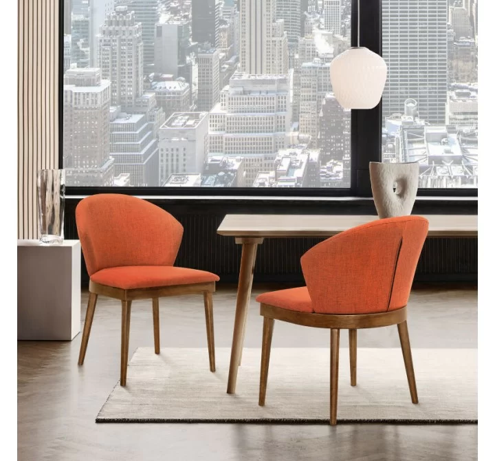 Armen Living Juno Orange Fabric and Walnut Wood Dining Side Chairs