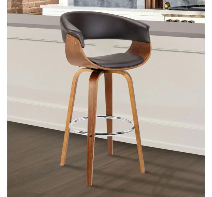 Armen Living Julyssa Swivel Brown Faux Leather and Walnut Wood Bar Stool