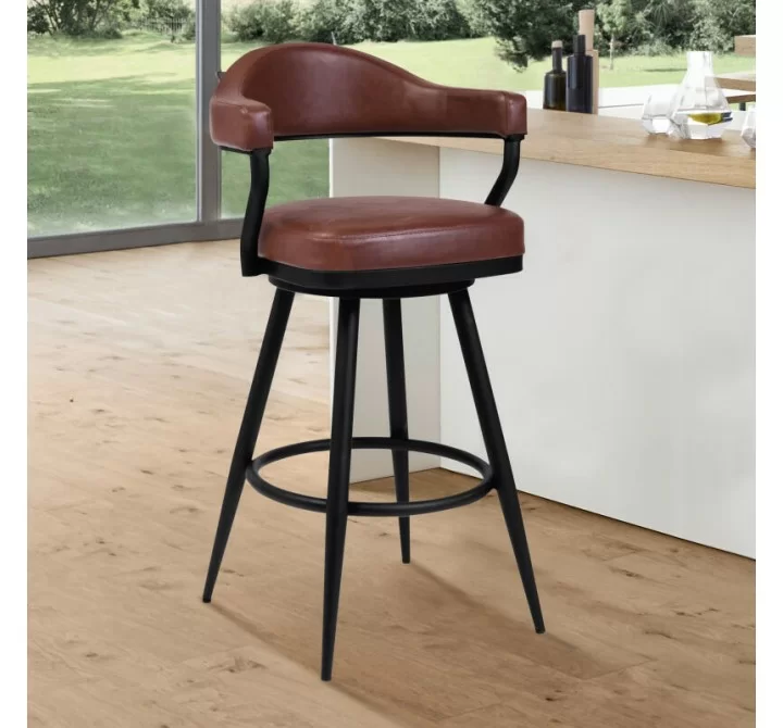 Armen Living Justin Swivel Vintage Coffee Faux Leather Bar Stool with Black Metal Legs
