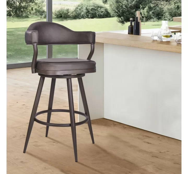 Armen Living Justin Swivel Vintage Brown Faux Leather Bar Stool with Brown Metal Legs