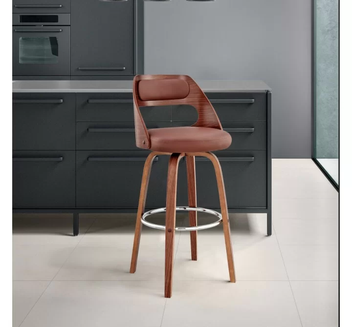Armen Living Julius Brown Faux Leather and Walnut Wood Bar Stool 