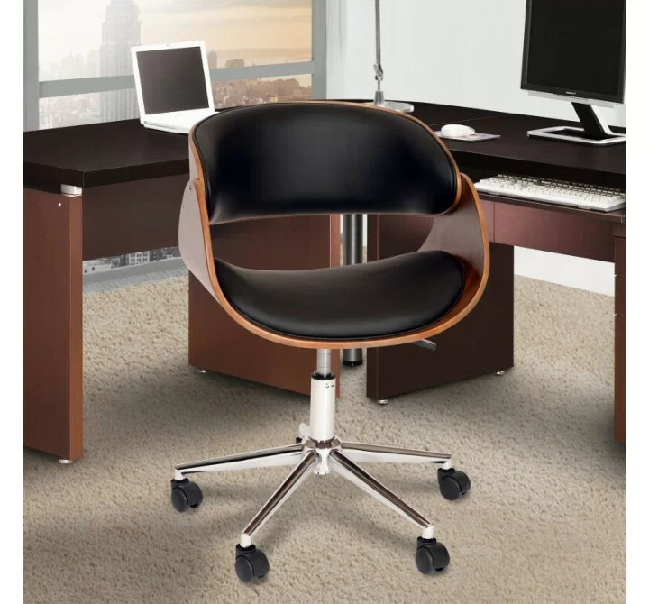 Armen Living Julian Modern Office Chair In Chrome Finish with Black Faux Leather And Walnut Veneer Back 