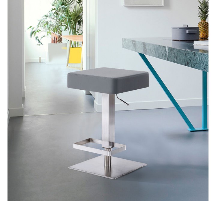 Armen Living Kaylee Adjustable Height Swivel Grey Faux Leather and Brushed Stainless Steel Backless Bar Stool