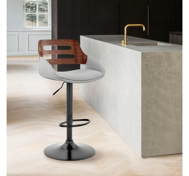Armen Living Karter Adjustable Gray Faux Leather and Walnut Wood Bar Stool with Black Base