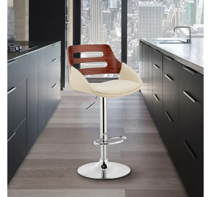 Armen Living Karter Adjustable Cream Faux Leather and Walnut Wood Bar Stool with Chrome Base