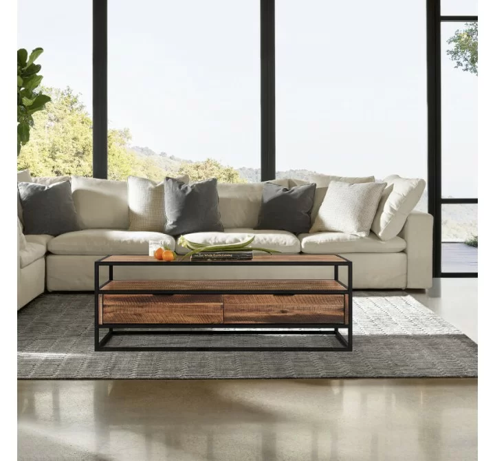 Armen Living Ludgate Rectangle Coffee Table with Shelf in Acacia and Black Metal