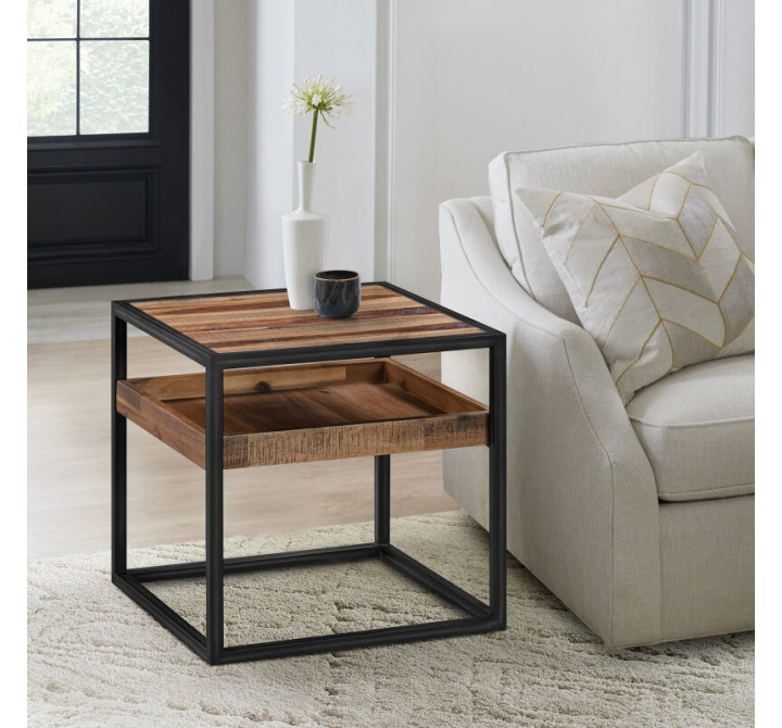 Armen Living Ludgate Square End Table with Shelf in Acacia and Black Metal