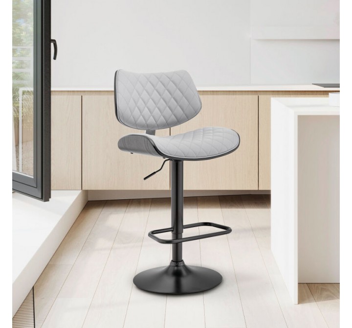 Armen Living Leland Adjustable Gray Faux Leather and Black Finish Bar Stool