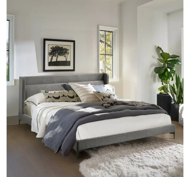 Armen Living Legend Gray Fabric Platform Bed with Black Metal Legs