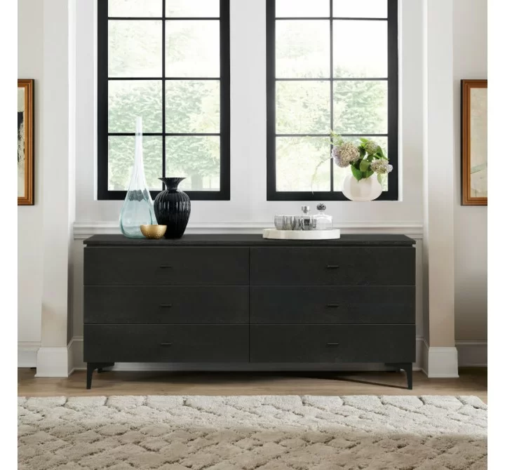 Armen Living Legend Black Glaze Ash Veneer 6 Drawer Dresser with Metal Legs