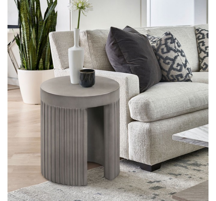 Armen Living Wave Round Indoor or Outdoor Accent Stool End Table in Grey Concrete Lifestyle