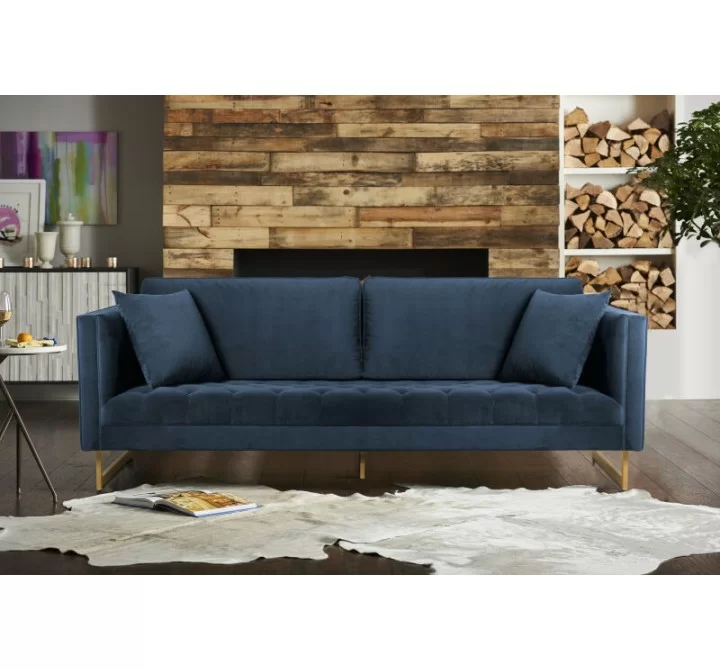 Lenox Blue Velvet Modern Sofa with Brass Legs
