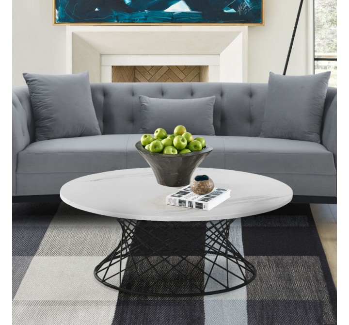 Armen Living Loxley White Marble Coffee Table with Black Metal Base