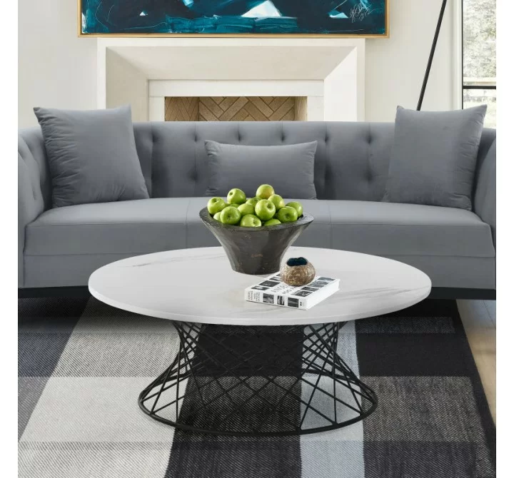 Armen Living Loxley White Marble Coffee Table with Black Metal Base